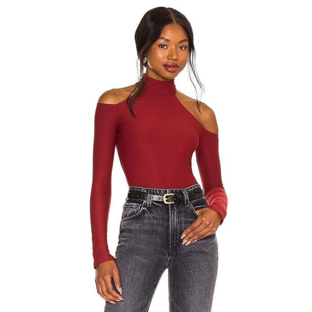 Alix NYC Red Orange Rust Leona Turtleneck Cold Shoulder Revolve Body Suit Size S